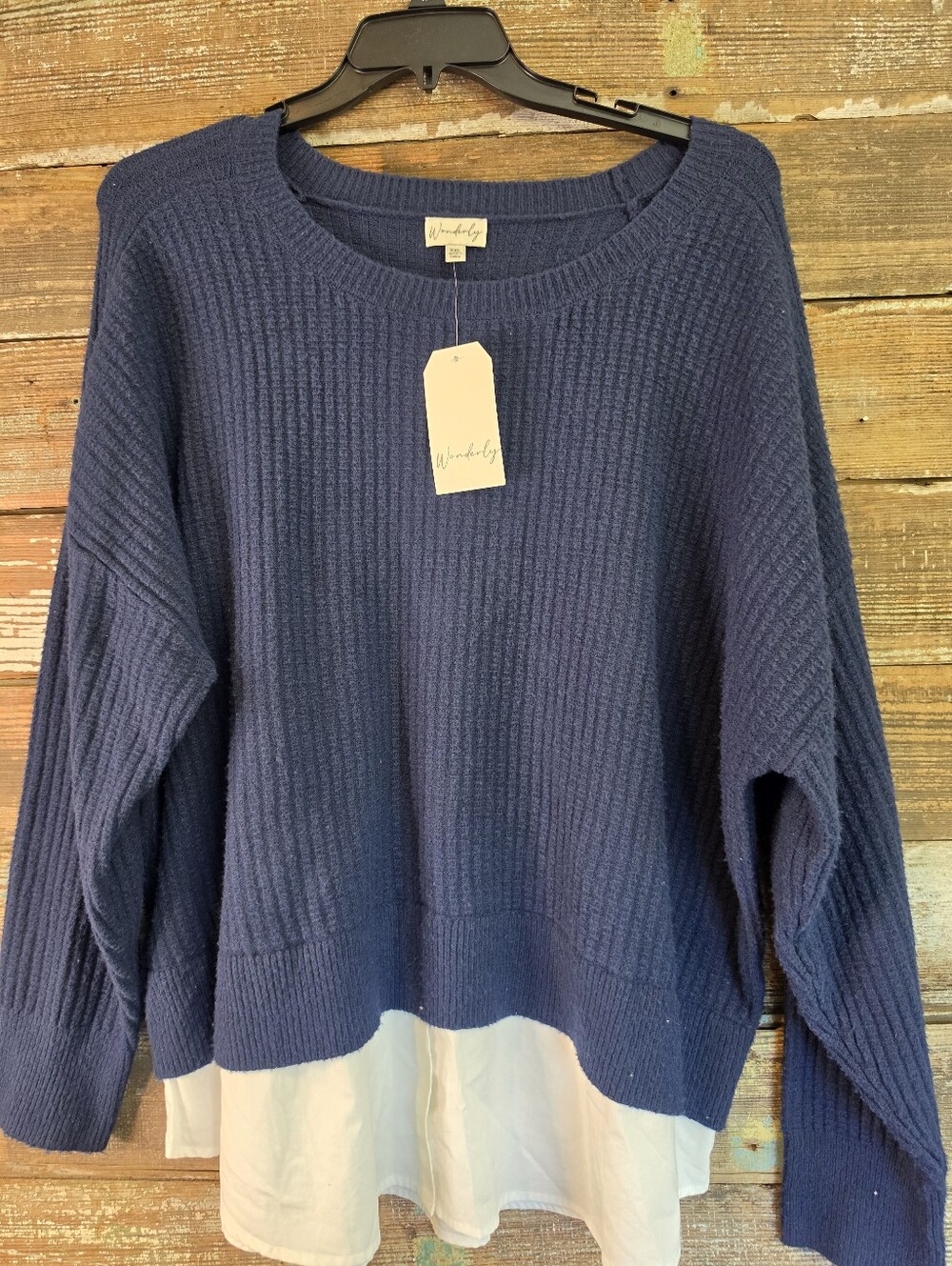 Wonderly NWT XXL Navy Blue Layered Look Oversized Sweater Top White Hem - Picture 2 of 6